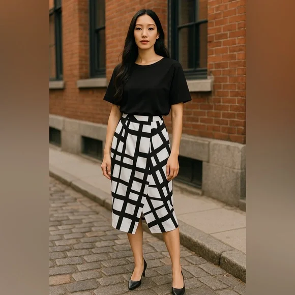 New York & Company Black & White Geometric Midi Dress Size Medium - Picture 2 of 4